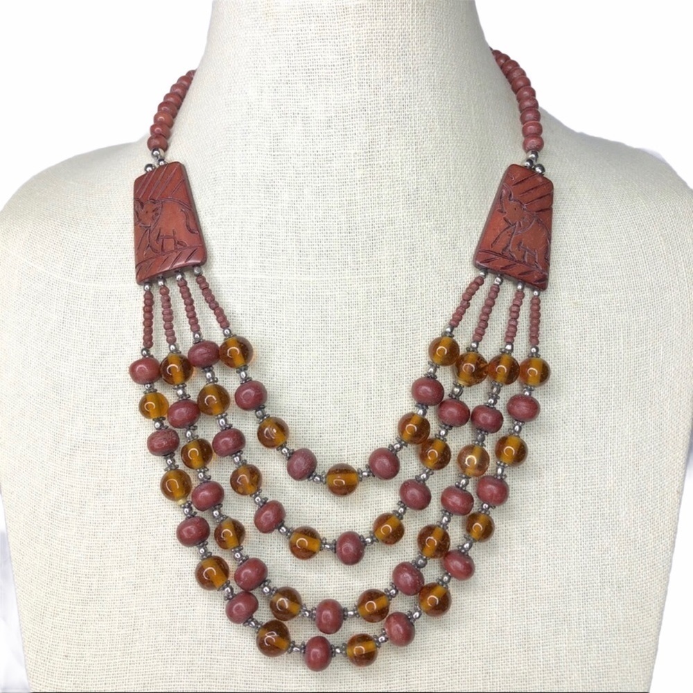Vintage Carved Stone Elephant Statement Necklace